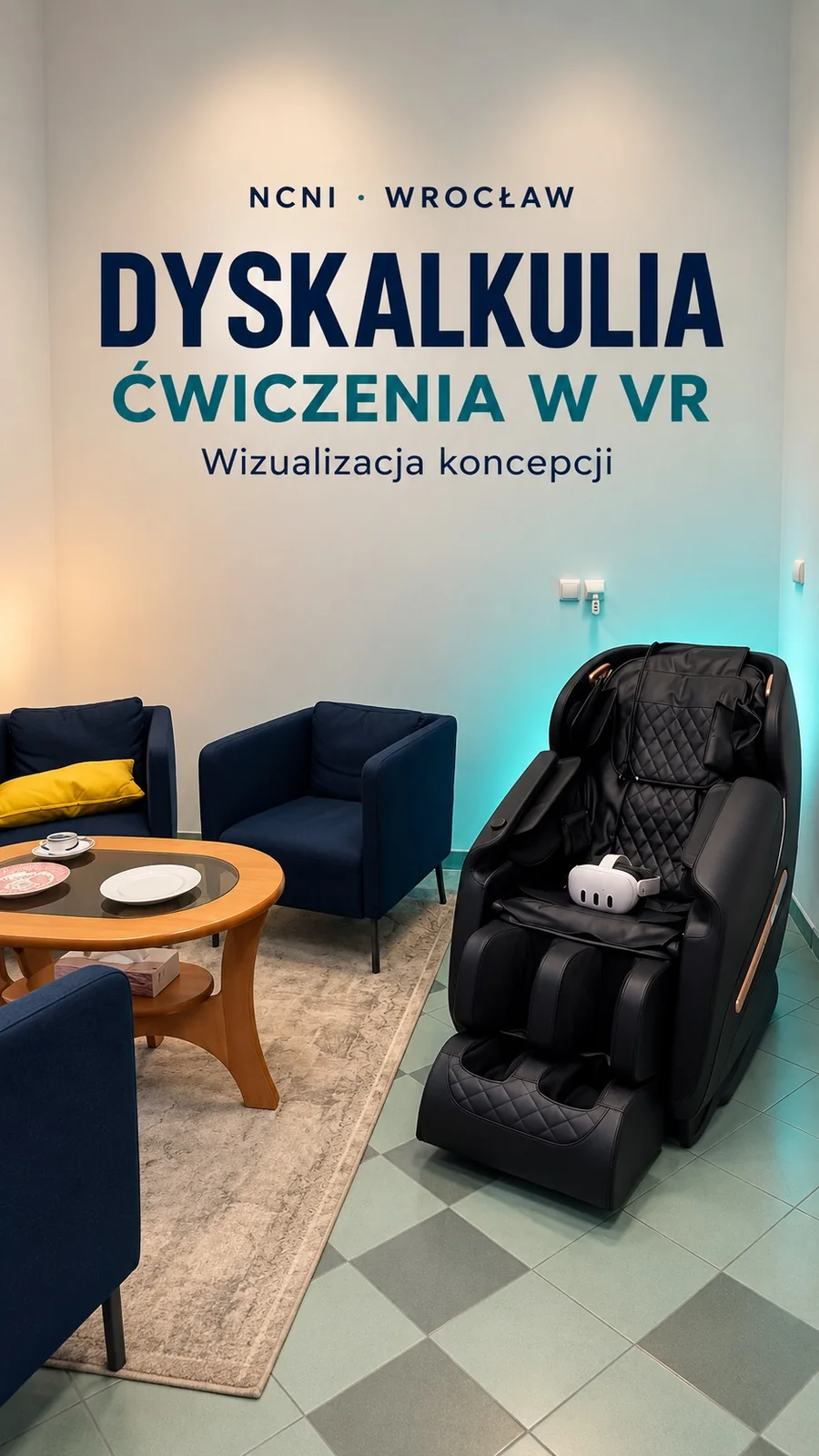 Wizualizacja gabinetu NCNI z fotelem i goglami VR. Dyskalkulia: ćwiczenia w VR.